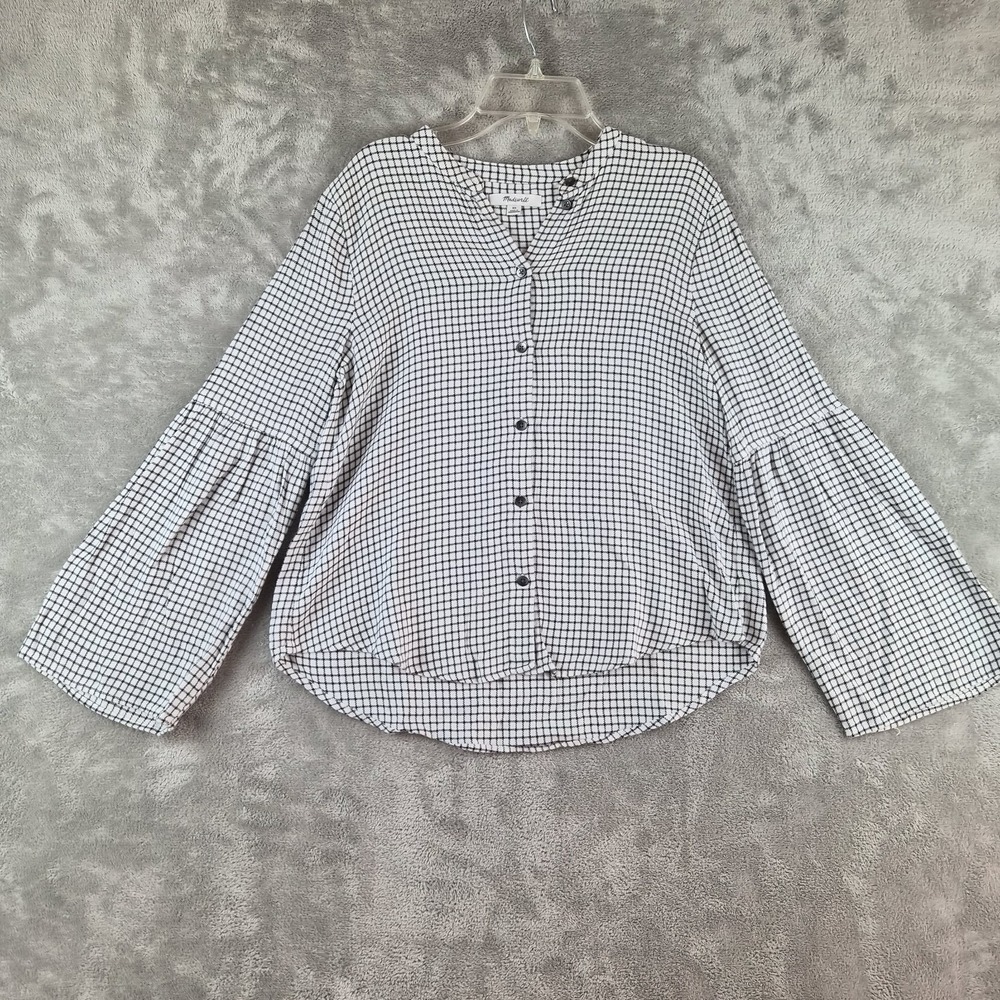 Madewell Top Womens XS White Black Windowpane Plaid Button Up Bell Sleeve Boho